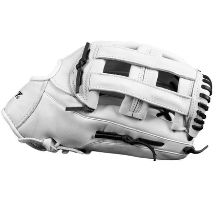 The Dudley 14" Slowpitch Glove: DFG14H by Dudley is a white leather glove with black stitching and laces, displayed side view against a plain white background.