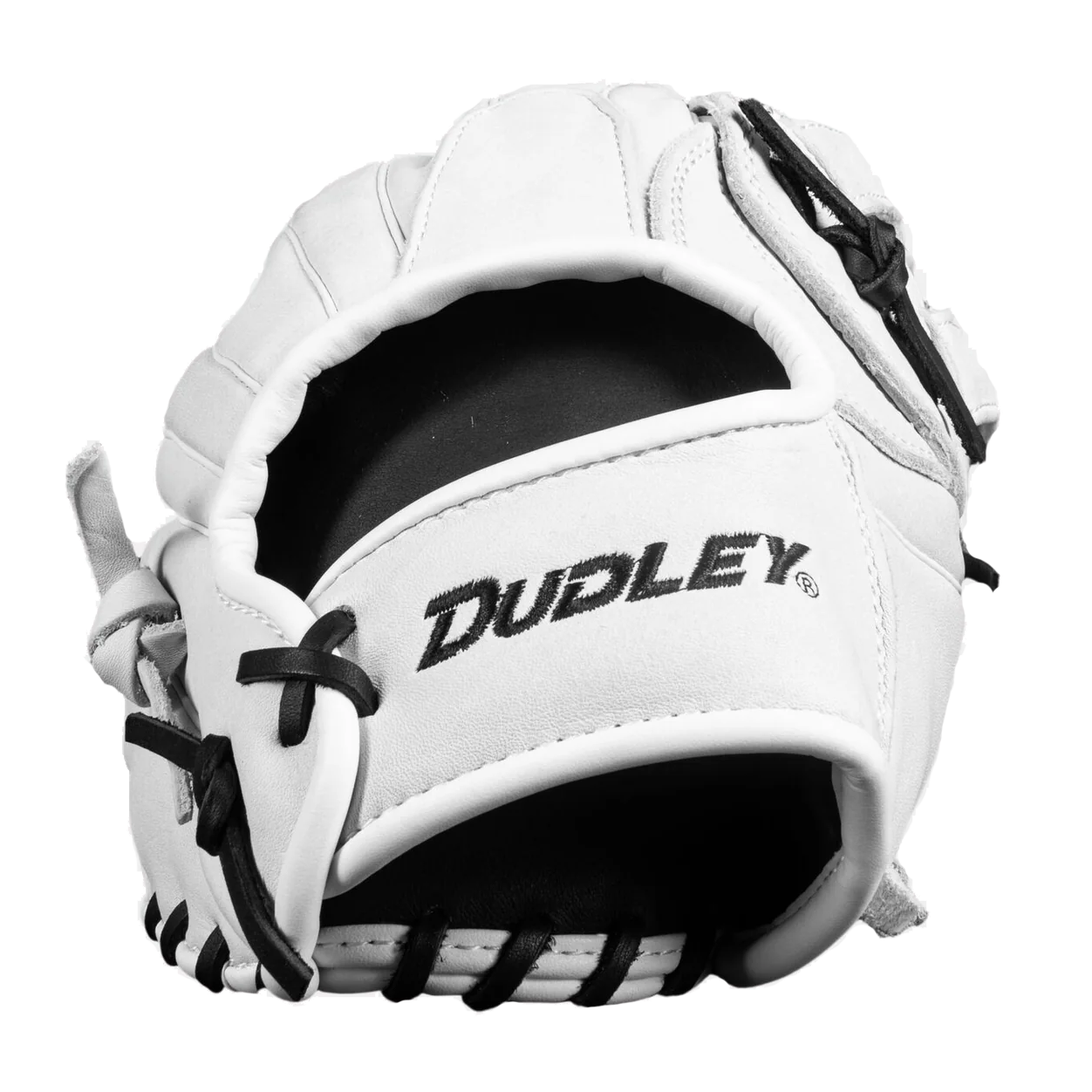 The Dudley 14" Slowpitch Glove: DFG14H by Dudley is a white leather glove with black text, ideal for slowpitch fielding.