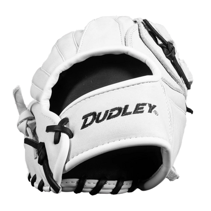 The Dudley 13" Slowpitch Glove (DFG13H) by Dudley is shown palm-side up, featuring a white design with black stitching on a plain white background.