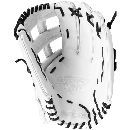 The Dudley 13" Slowpitch Glove: DFG13H, a white leather glove with black laces, is shown open to display its palm and finger slots against a plain white background.