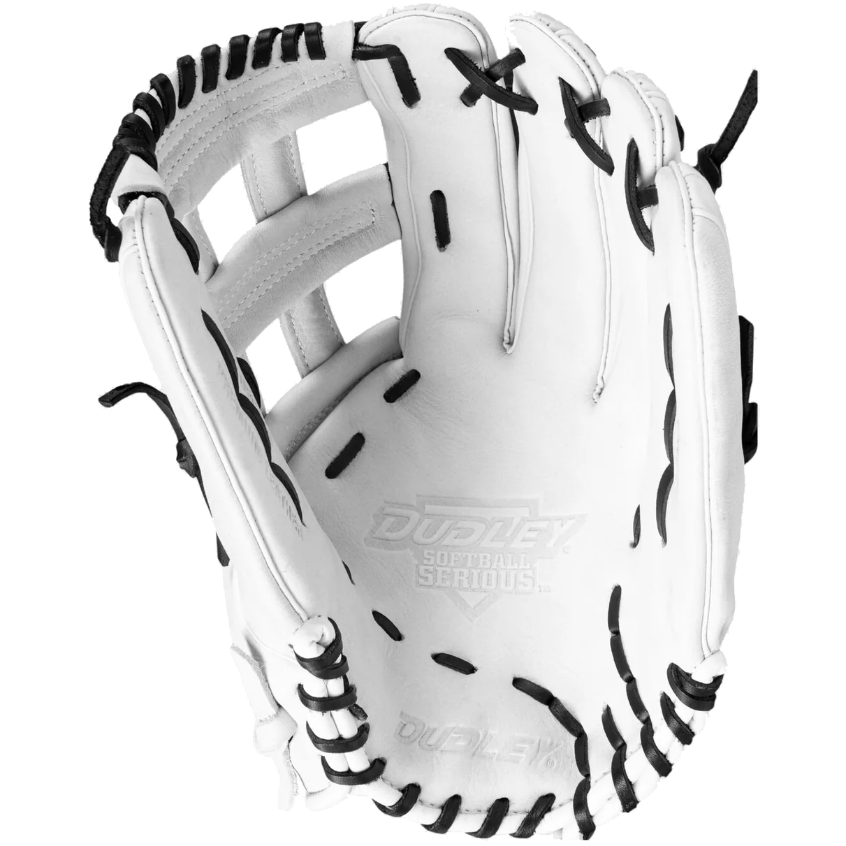 The Dudley 14" Slowpitch Glove: DFG14H is a white leather glove with black lacing and "Dudley Softball Serious" embossed on the palm, displayed open and facing up against a plain white background.