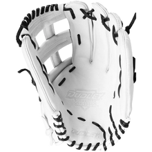 The Dudley 14" Slowpitch Glove: DFG14H is a white leather glove with black lacing and "Dudley Softball Serious" embossed on the palm, displayed open and facing up against a plain white background.