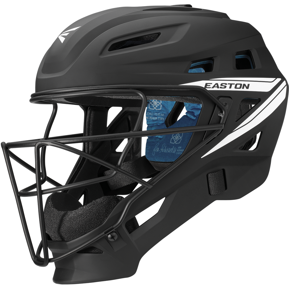 The Easton Jen Schro The Very Best Fastpitch Catcher's Helmet (JSTVBCH) features a black and white design, metal face guard, ventilation holes, blue interior padding, and NOCSAE-certified protection—perfect for serious players.
