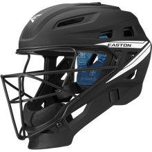 The Easton Jen Schro The Very Best Fastpitch Catcher's Helmet (JSTVBCH) features a black and white design, metal face guard, ventilation holes, blue interior padding, and NOCSAE-certified protection—perfect for serious players.