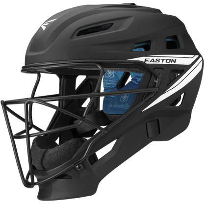 The Easton Jen Schro The Very Best Fastpitch Catcher's Helmet (JSTVBCH) features a black and white design, metal face guard, ventilation holes, blue interior padding, and NOCSAE-certified protection—perfect for serious players.