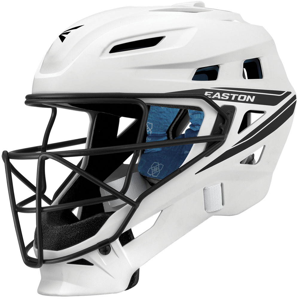 The Easton Jen Schro The Very Best Fastpitch Catcher's Helmet (JSTVBCH) features a white shell, black faceguard, black/gray side graphics, blue interior padding, ventilation holes, and a modern angular design inspired by Jen Schro.
