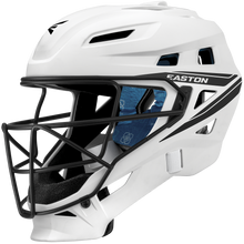 The Easton Jen Schro The Very Best Fastpitch Catcher's Helmet (JSTVBCH) features a white shell, black faceguard, black/gray side graphics, blue interior padding, ventilation holes, and a modern angular design inspired by Jen Schro.