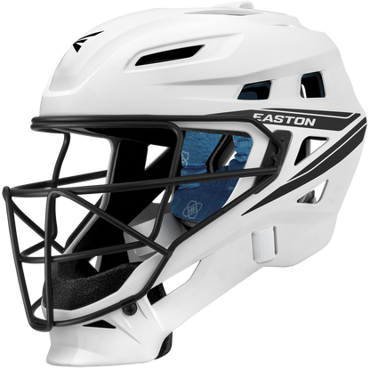 The Easton Jen Schro The Very Best Fastpitch Catcher's Helmet (JSTVBCH) features a white shell, black faceguard, black/gray side graphics, blue interior padding, ventilation holes, and a modern angular design inspired by Jen Schro.