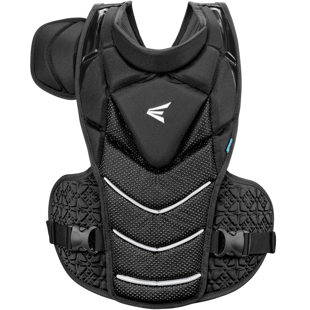 The Easton Jen Schro The Very Best Fastpitch Catcher's Chest Protector (JSTVBCP) features black padding, textured shoulder and side panels, white accents, and adjustable straps for sports or physical activities.