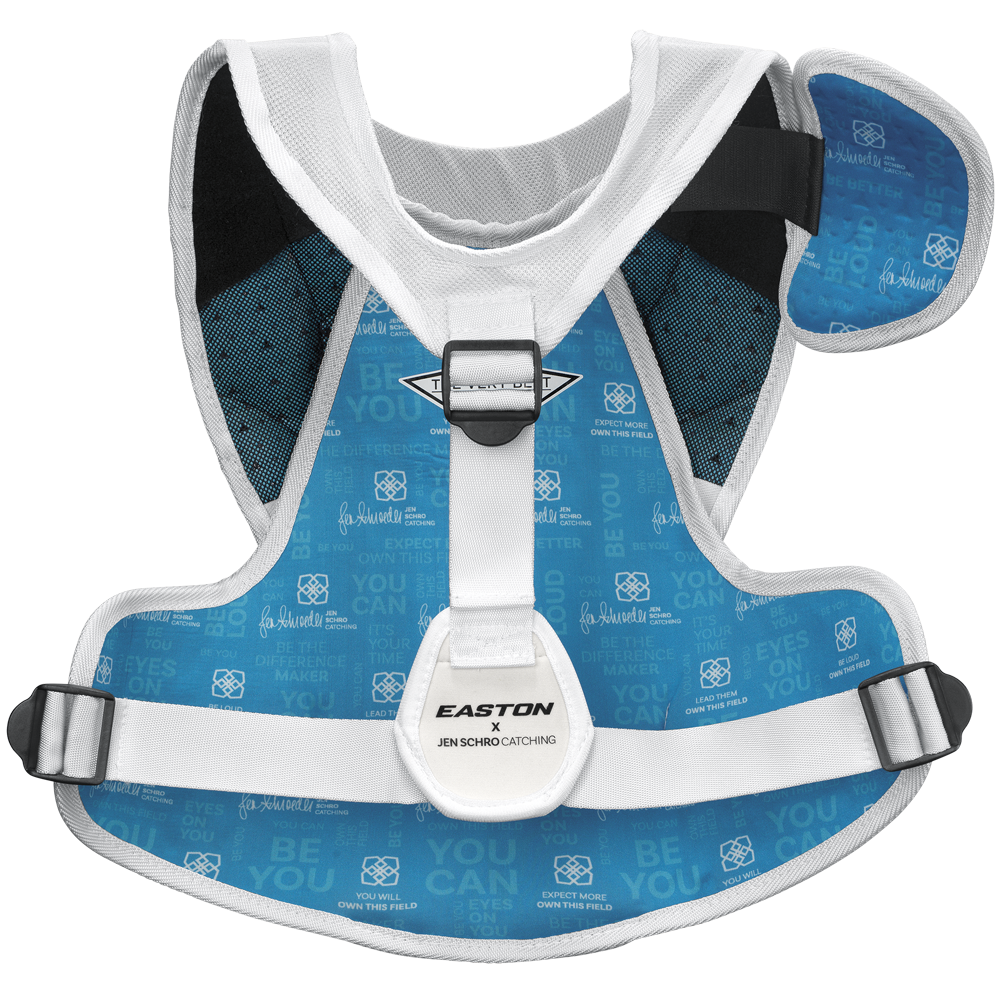 The Easton Jen Schro The Very Best Fastpitch Catcher's Chest Protector (JSTVBCP) features blue and white colors, motivational phrases, signatures, adjustable straps, and padding for female catchers' protection.