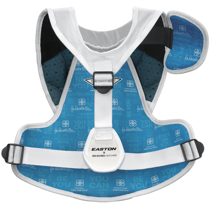 The Easton Jen Schro The Very Best Fastpitch Catcher's Chest Protector (JSTVBCP) features blue and white colors, motivational phrases, signatures, adjustable straps, and padding for female catchers' protection.
