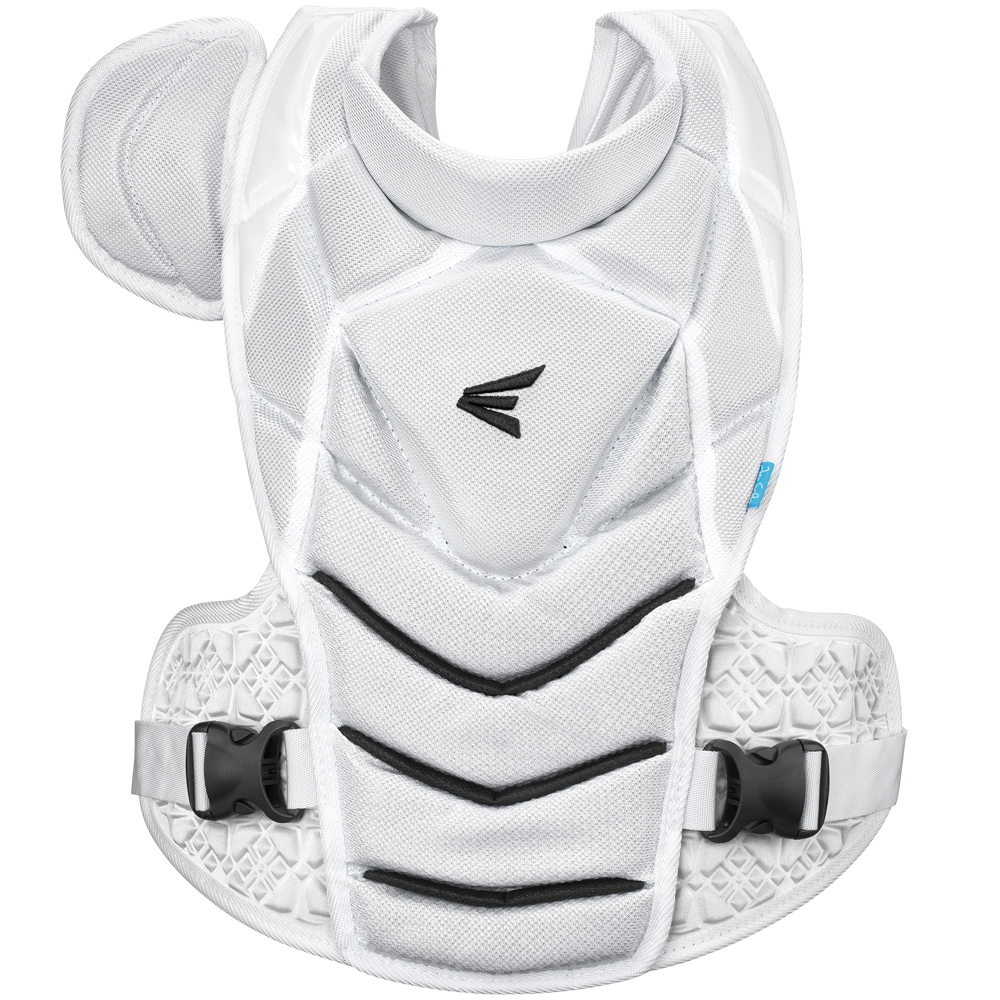 The Easton Jen Schro The Very Best Fastpitch Catcher's Chest Protector (JSTVBCP) is a white chest protector with black accents, padded sections, adjustable side straps with buckles, and a central black logo—designed for female catchers.