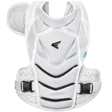 The Easton Jen Schro The Very Best Fastpitch Catcher's Chest Protector (JSTVBCP) is a white chest protector with black accents, padded sections, adjustable side straps with buckles, and a central black logo—designed for female catchers.
