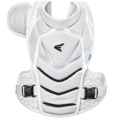 The Easton Jen Schro The Very Best Fastpitch Catcher's Chest Protector (JSTVBCP) is a white chest protector with black accents, padded sections, adjustable side straps with buckles, and a central black logo—designed for female catchers.