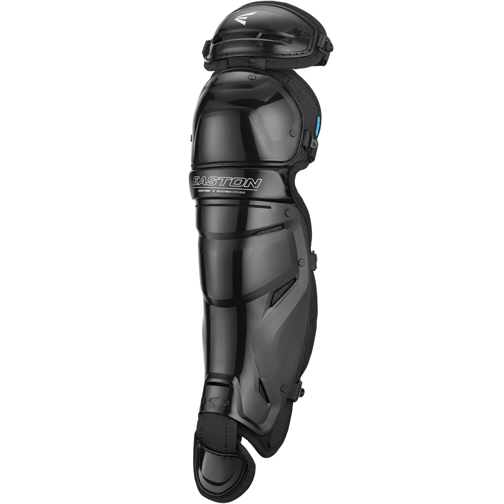The Easton Jen Schro The Very Best Fastpitch Catcher's Leg Guards: JSTVBLG offer full shin and ankle protection with a hard shell, knee padding, ventilation holes, and adjustable straps. Designed by Easton for fastpitch catchers.
