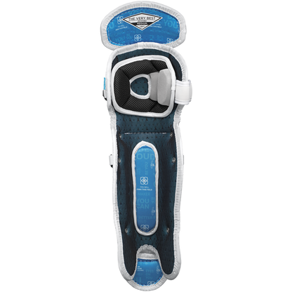 A close-up of a blue and black horse boot with white trim, labeled Easton Jen Schro The Very Best Fastpitch Catcher's Leg Guards: JSTVBLG, showing padding, ventilation holes, and secure fastenings for top-tier protection.