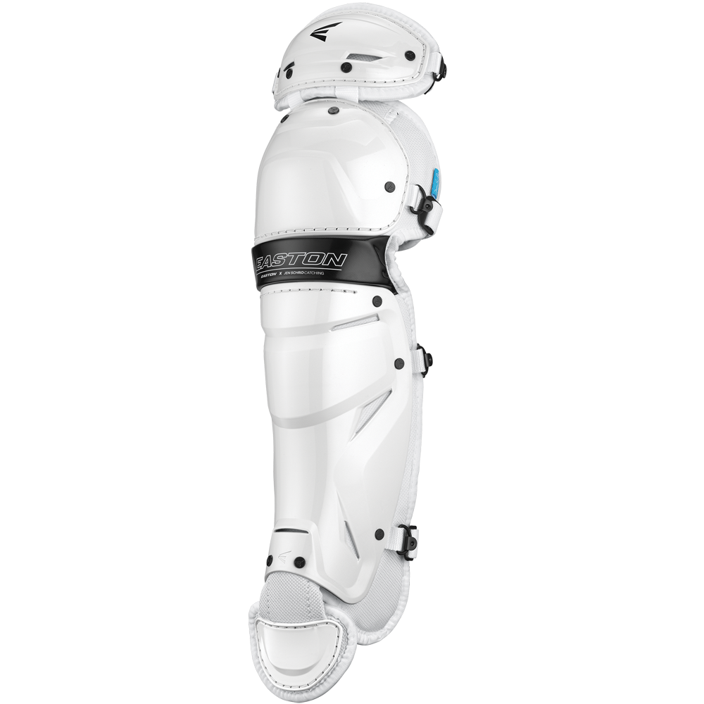 A white Easton Jen Schro The Very Best Fastpitch Catcher's Leg Guard (JSTVBLG) with black straps and knee padding, designed for softball protection, is displayed against a plain background.