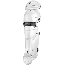 A white Easton Jen Schro The Very Best Fastpitch Catcher's Leg Guard (JSTVBLG) with black straps and knee padding, designed for softball protection, is displayed against a plain background.