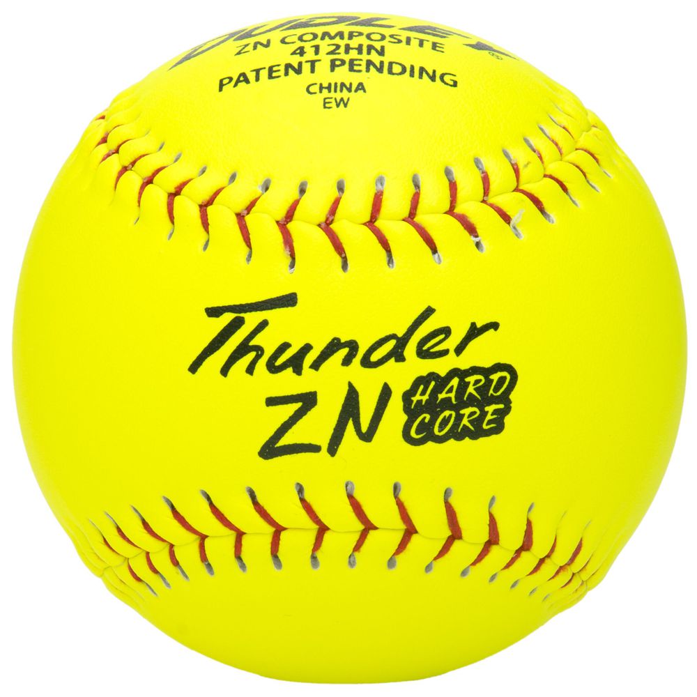 The Dudley Non-Association Thunder ZN Hard Core 12" 44/375 Composite Slowpitch Softball (412HN) features a bright yellow cover, red stitching, and black ZN Composite text—ideal for slow pitch play. Brand: Dudley.