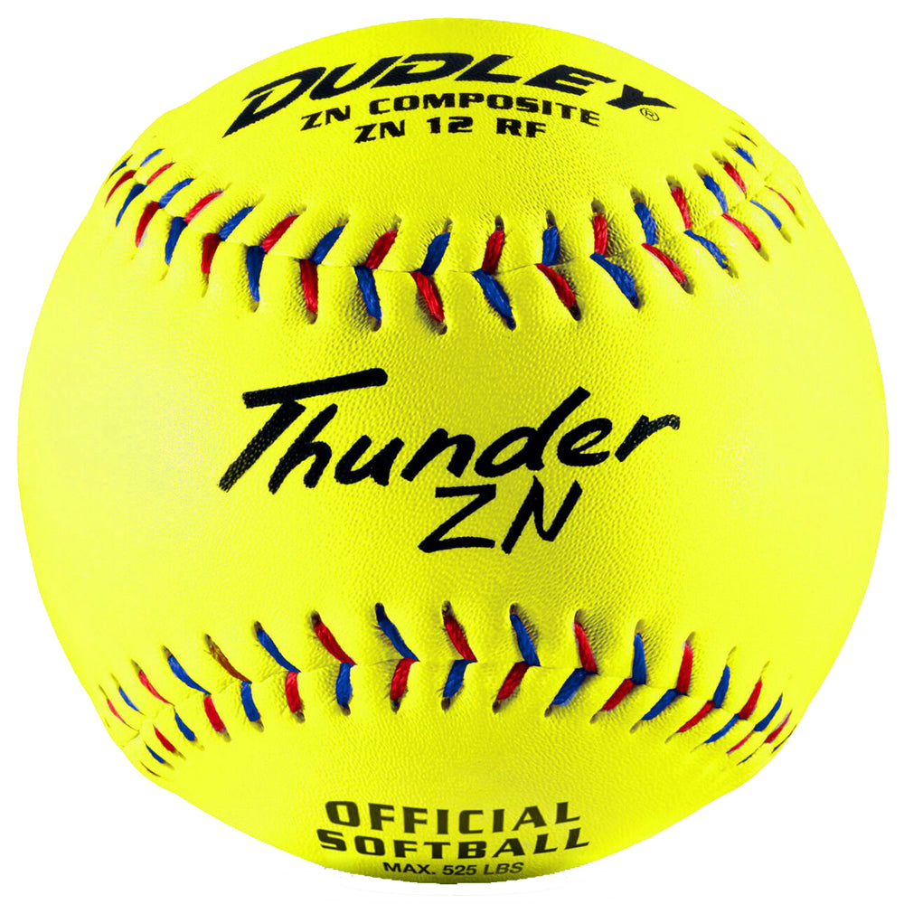 A Dudley Non-Association Thunder ZN 12" 44/525 composite slowpitch softball (model 43055) by Dudley, featuring a yellow cover with black writing.