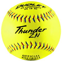 A Dudley Non-Association Thunder ZN 12" 44/525 composite slowpitch softball (model 43055) by Dudley, featuring a yellow cover with black writing.