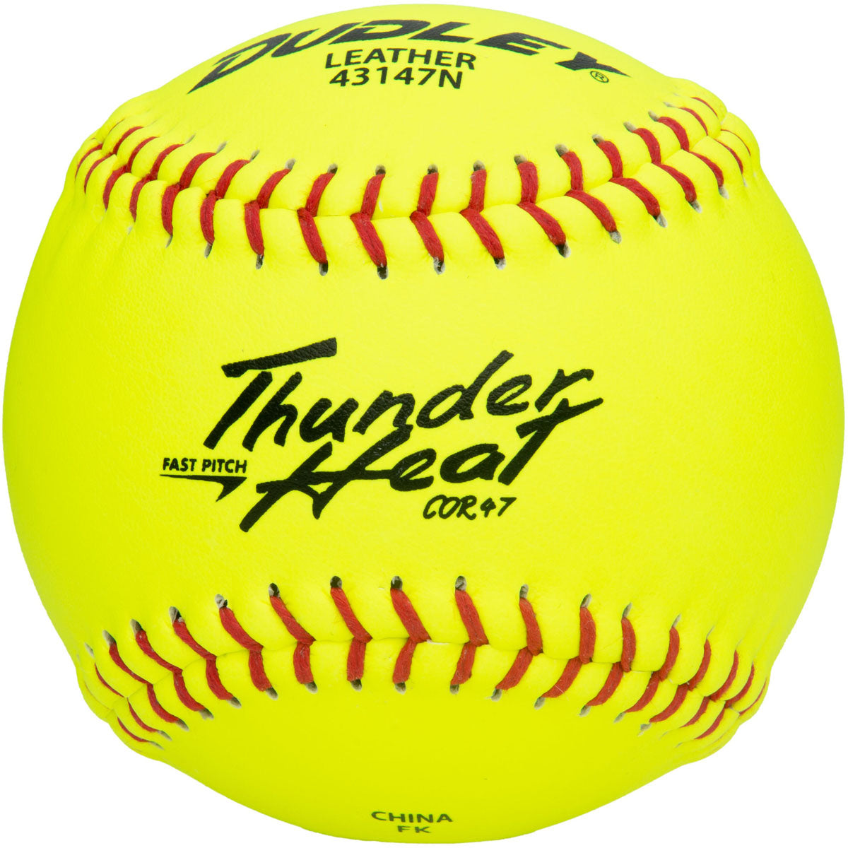 The Dudley Thunder Heat 12" 47/375 Leather Fastpitch Softball (43147N) features a bright yellow leather cover, red stitching, and black text—making it a top pick for fastpitch players.