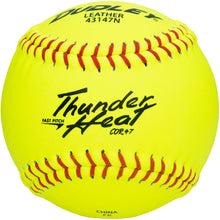The Dudley Thunder Heat 12" 47/375 Leather Fastpitch Softball (43147N) features a bright yellow leather cover, red stitching, and black text—making it a top pick for fastpitch players.