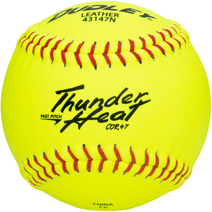 The Dudley Thunder Heat 12" 47/375 Leather Fastpitch Softball (43147N) features a bright yellow leather cover, red stitching, and black text—making it a top pick for fastpitch players.