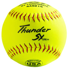 The Dudley USA Thunder SY 12" 44/375 Synthetic Slowpitch Softball (4A921N) by Dudley is a bright yellow ball with red stitching, synthetic cover, "Thunder SX COR.44" text, and a USA certification stamp on the surface.
