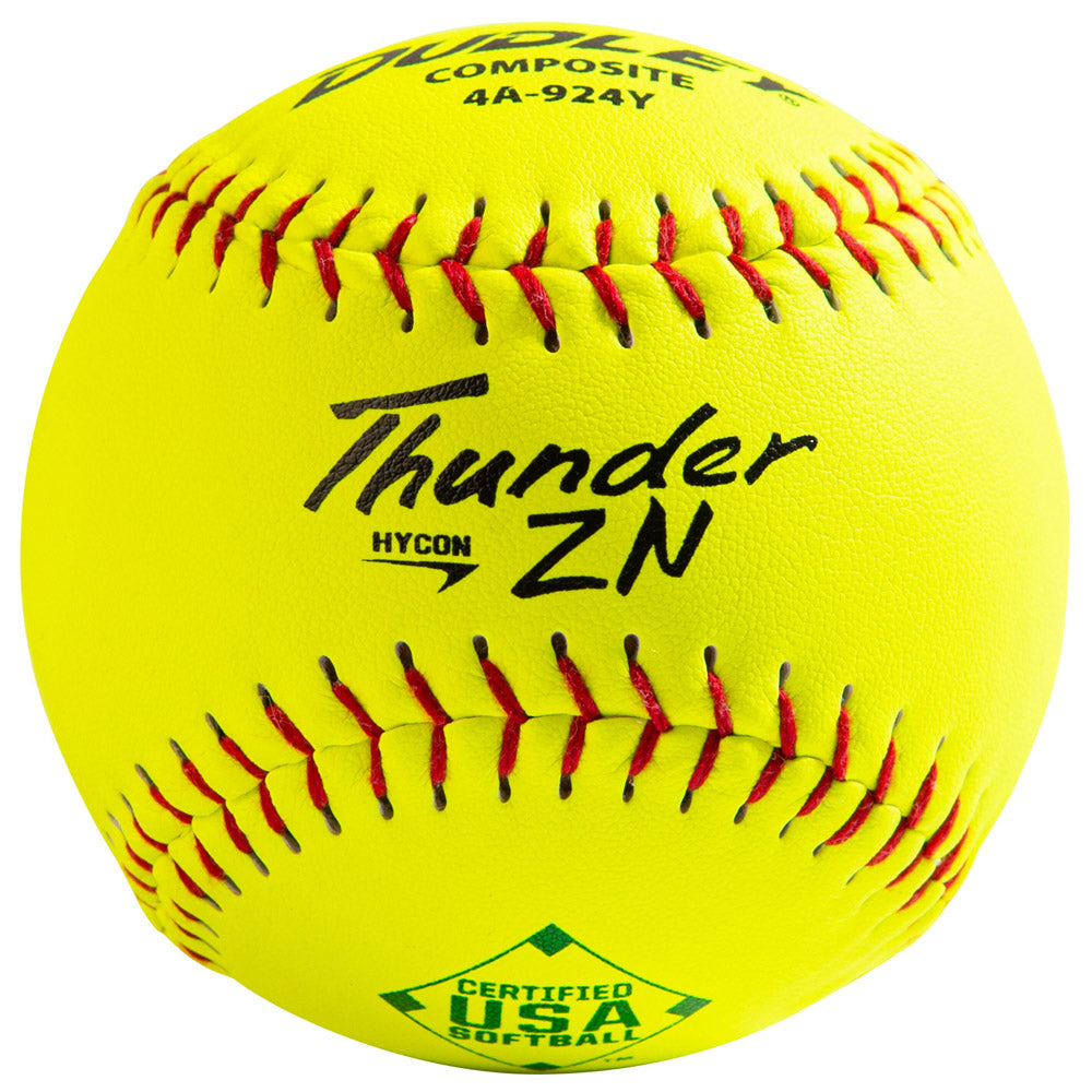 The Dudley USA Thunder ZN Hycon 11" 52/300 Composite Slowpitch Softball (4A924Y) features red stitching, black text, a green USA Softball logo, and advanced HYCON Poly-Core technology for superior performance.