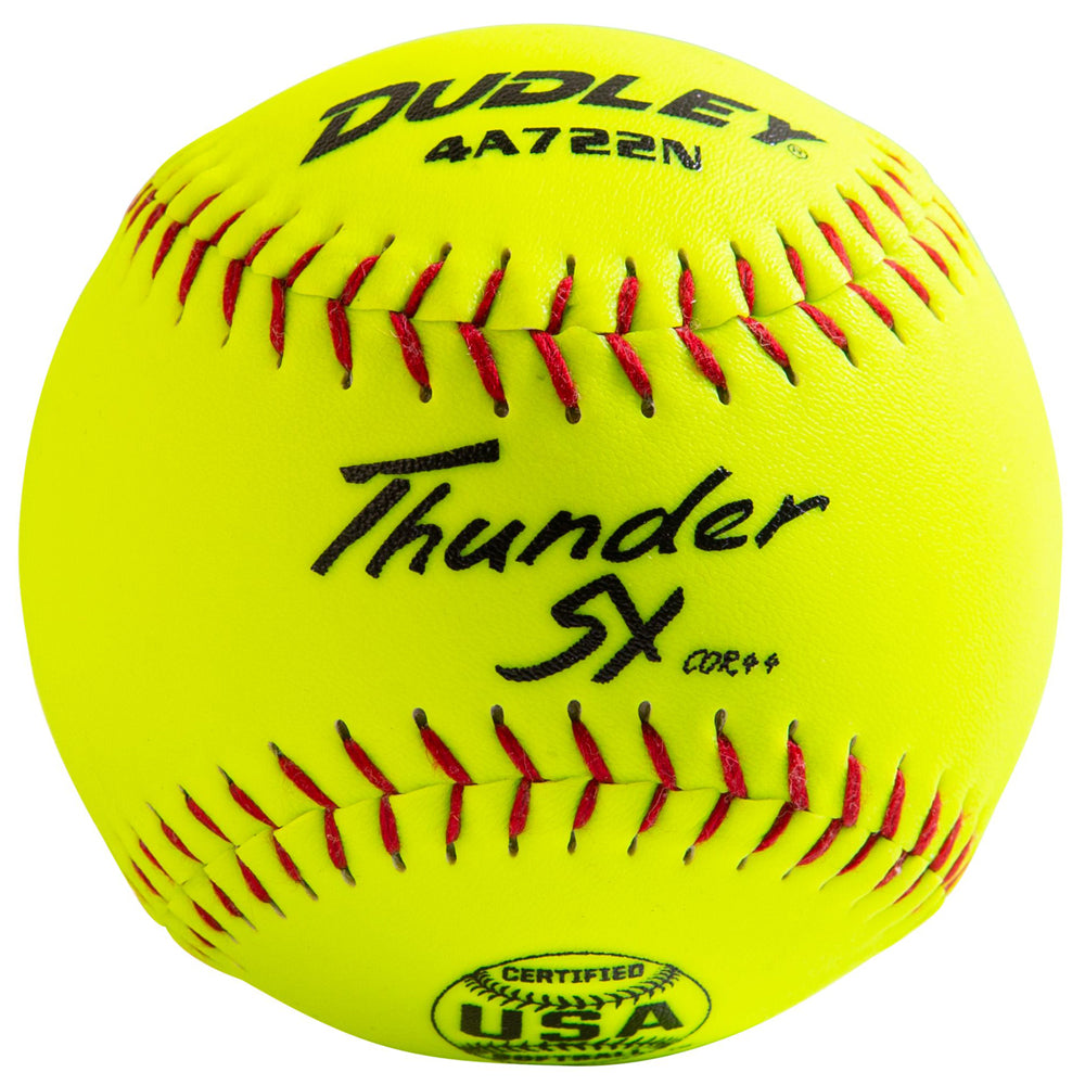 The Dudley USA Thunder SY 11" 44/375 Synthetic Slowpitch Softball (model 4A722N) is bright yellow with red stitching, black text including "Certified USA," and is ASA approved for synthetic slowpitch play.