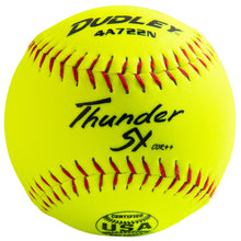 The Dudley USA Thunder SY 11" 44/375 Synthetic Slowpitch Softball (model 4A722N) is bright yellow with red stitching, black text including "Certified USA," and is ASA approved for synthetic slowpitch play.