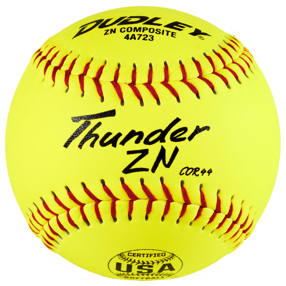 A bright yellow Dudley USA/ASA Thunder ZN Hycon 11" 44/375 Composite Slowpitch Softball (model 4A723Y) by Dudley features red stitching and black text including “Thunder ZN” and the Hycon Poly-Core certification mark.