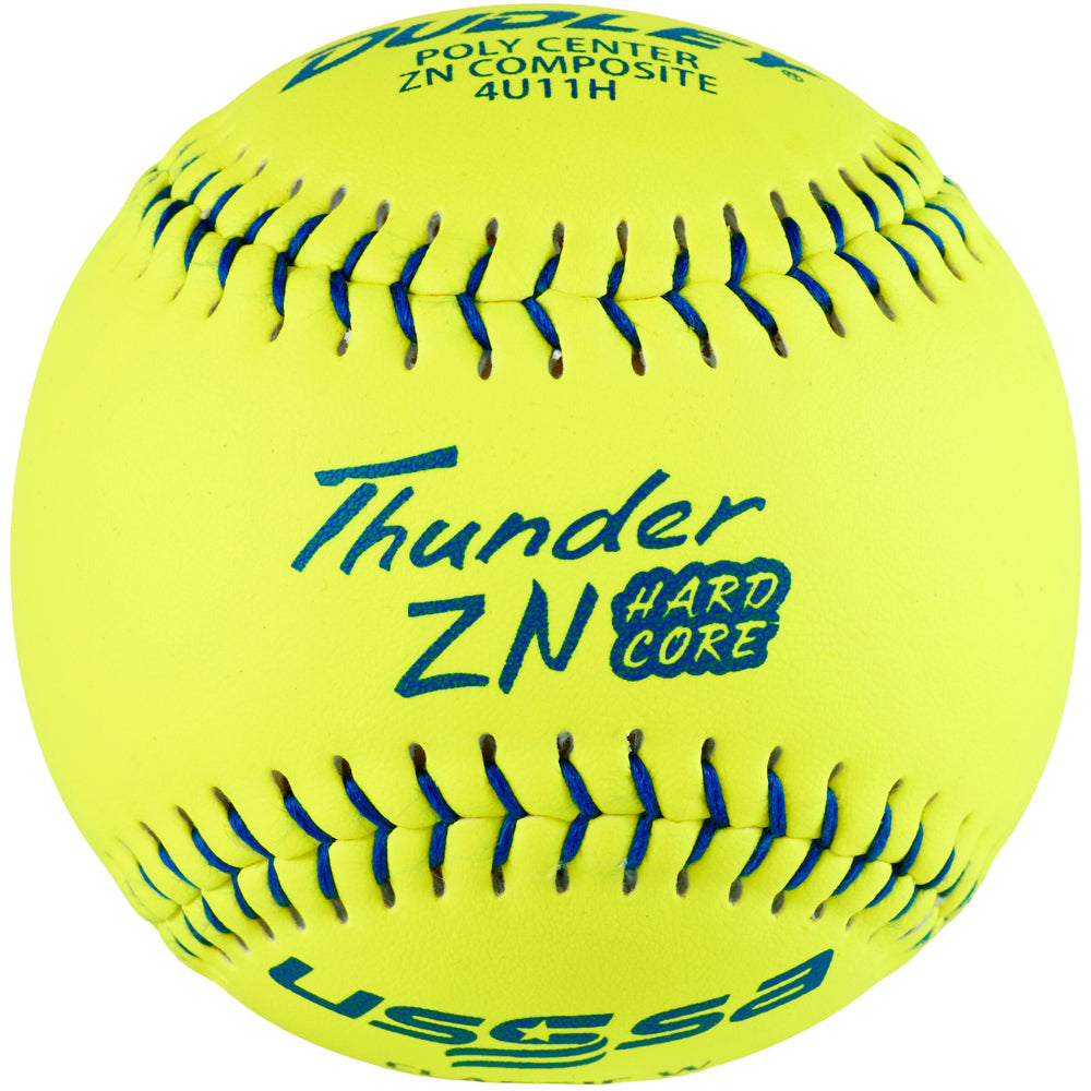 The Dudley USSSA Thunder ZN Hard Core Pro W 11" 44/375 Composite Slowpitch Softball (4U11H) is a bright yellow softball with blue stitching and Dudley's branding, designed for slowpitch play.