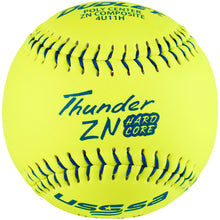 The Dudley USSSA Thunder ZN Hard Core Pro W 11" 44/375 Composite Slowpitch Softball (4U11H) is a bright yellow softball with blue stitching and Dudley's branding, designed for slowpitch play.