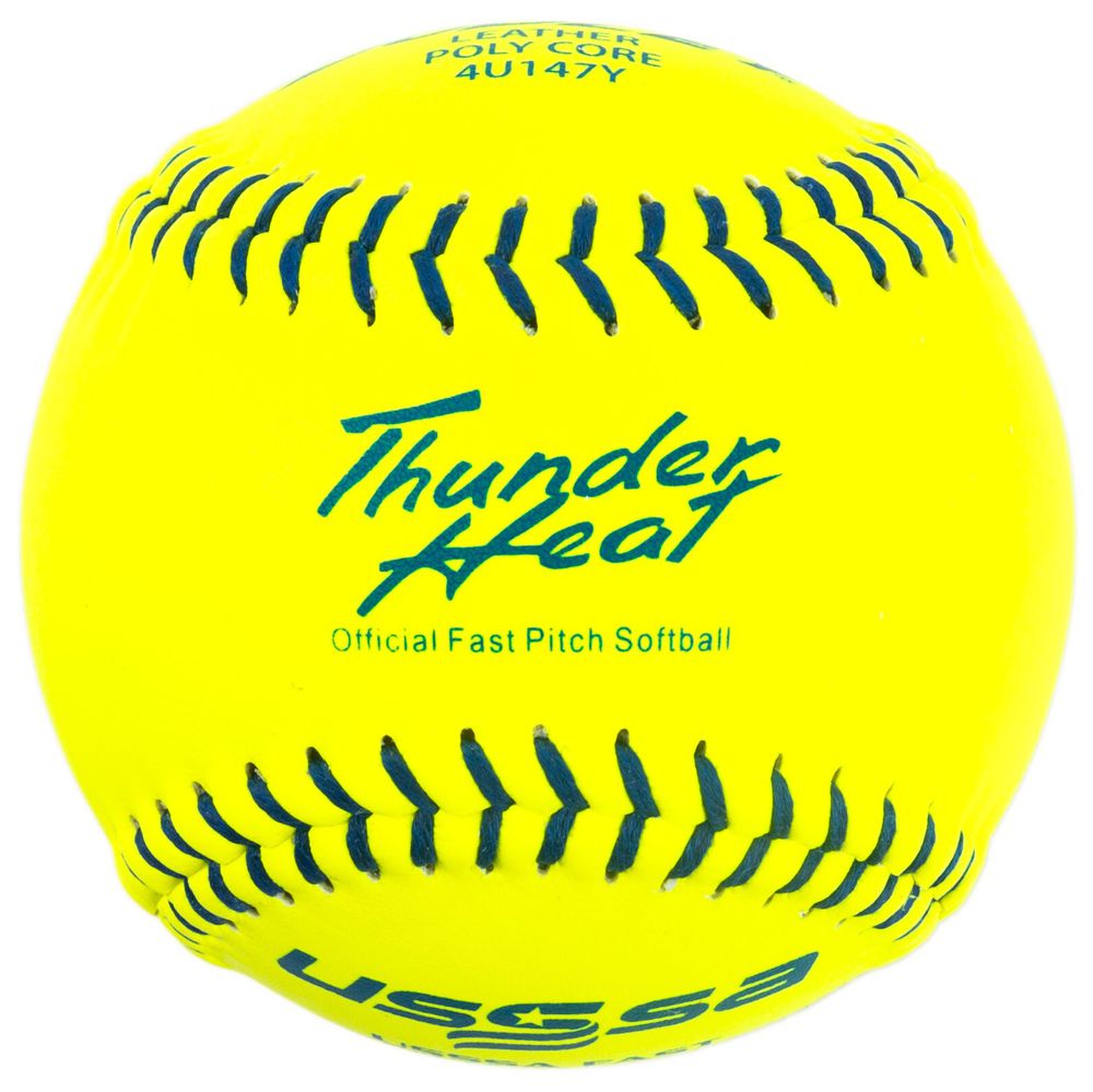The Dudley USSSA Thunder Heat 12" 47/375 leather fastpitch softball (4U147Y) is bright yellow with blue stitching and "USSSA Thunder Heat Official Fast Pitch Softball" printed in blue on the surface.