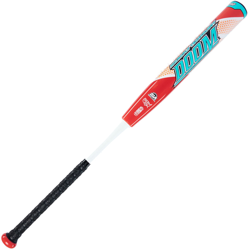 A 2023 Dudley Doom 12" Endloaded NSA USSSA Slowpitch Softball Bat (D3SPUE2) in red and white, featuring a black grip and bold blue "DOOM" lettering on the barrel, is displayed against a white background.