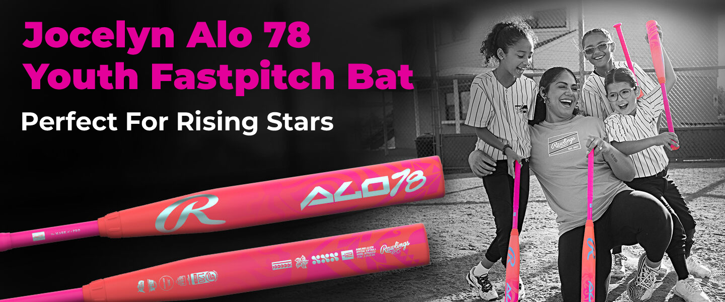 A coach and three young softball players smile on a field, holding bright pink Jocelyn Alo 78 bats. The text reads Jocelyn Alo 78 Youth Fastpitch Bat—Perfect for Rising Stars.