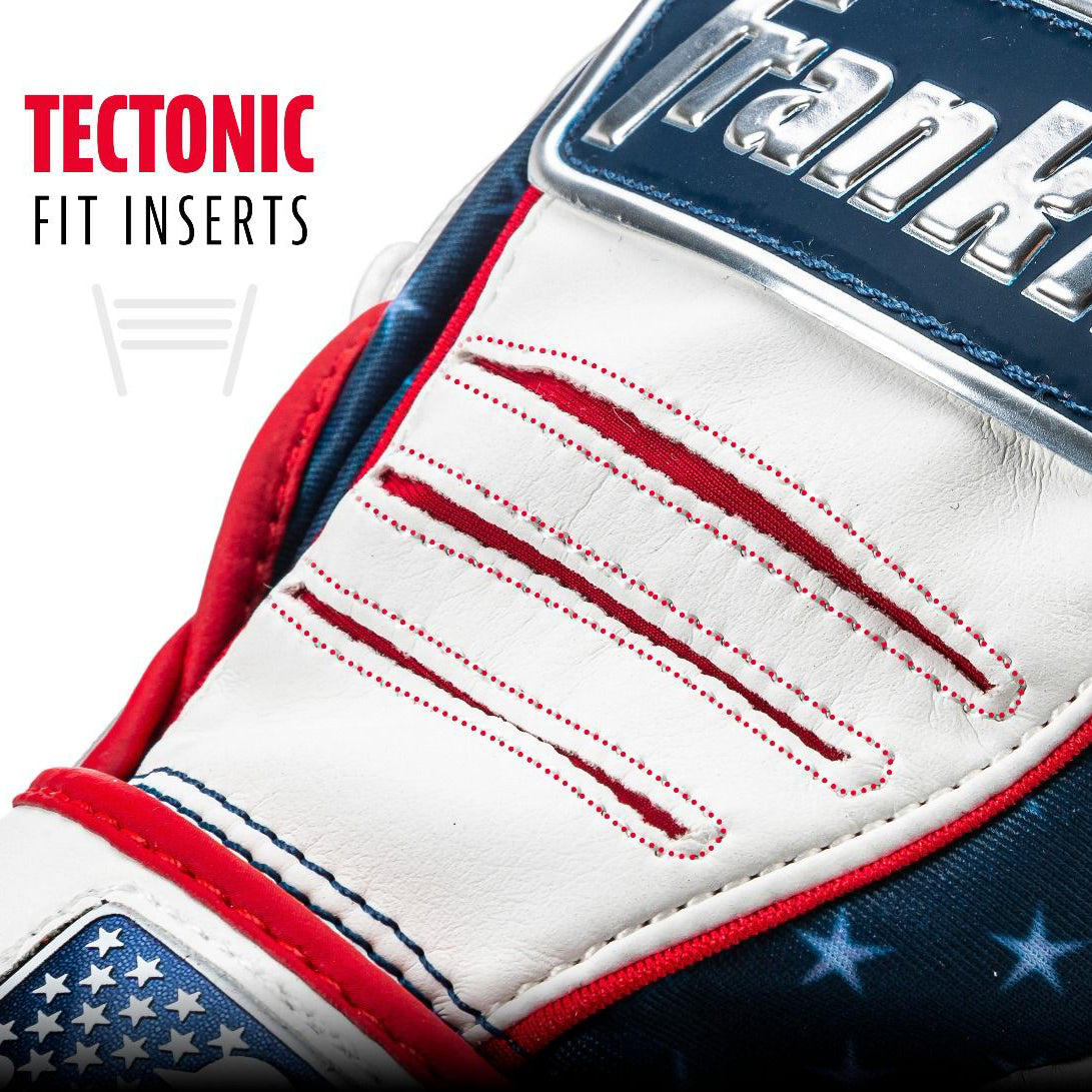 Close-up of a sports glove with red, white, and blue colors, featuring star patterns and visible red stitching. Text on the left reads Tectonic Fit Inserts. The brand name appears partially at the top.