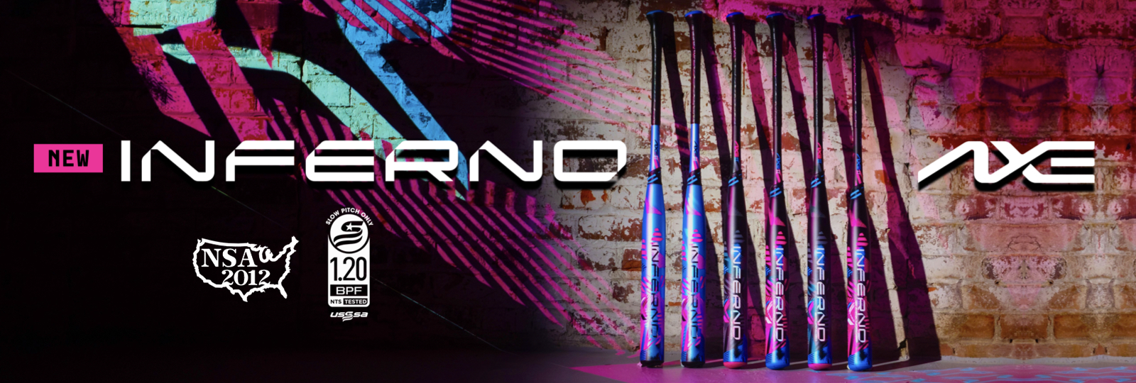 Six colorful AXE brand baseball bats stand upright against a brick wall with neon pink and blue lighting. Text reads New Inferno AXE with certification logos shown at the bottom left.