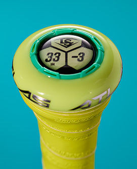 Close-up of the knob on a yellow 2026 Louisville Slugger Atlas Hybrid Green (-3) BBCOR Baseball Bat: WBL4231010, showing “33” and “-3” in black on a green and black sticker, with a turquoise background.