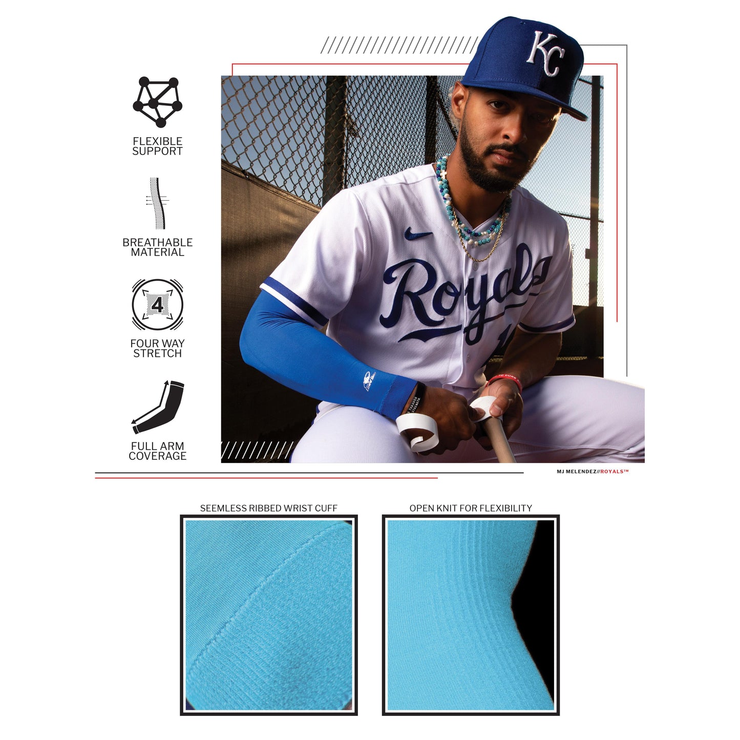 A Kansas City Royals player grips a bat wearing a Lizard Skins Knit Arm Sleeve: ARMK. Design icons show muscle support, breathability, four-way stretch, and full arm coverage. Close-ups highlight the sleeve’s wrist cuff and textured material.