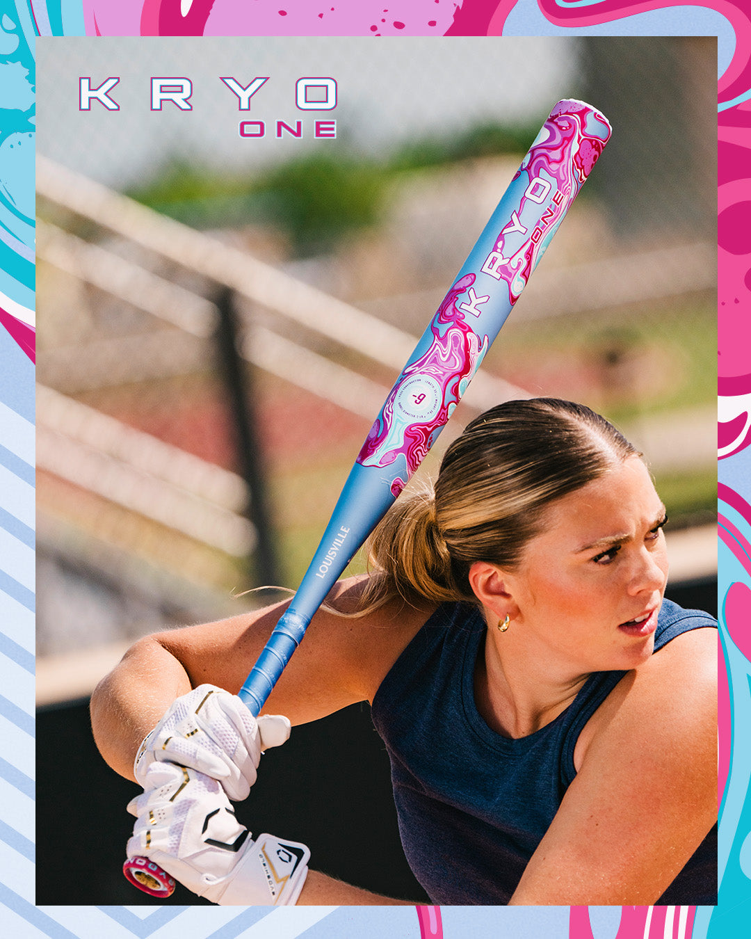 A softball player in a navy tank top gets ready to swing the vibrant pink and blue 2027 Louisville Slugger Kryo One (-9) Fastpitch Softball Bat (WBL4274010)—a renowned one-piece composite bat by Louisville Slugger—with a blurred fence and field in the background. The image is framed by a bold, patterned border.