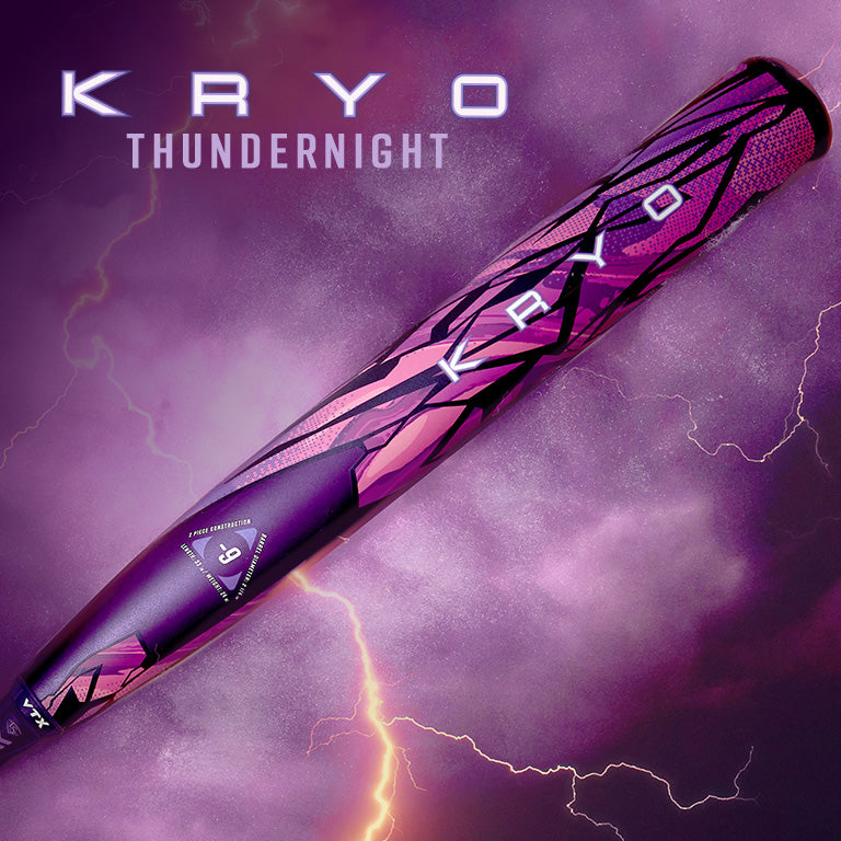 A purple and pink baseball bat labeled KRYO THUNDERNIGHT floats diagonally against a dramatic, lightning-filled purple sky. The bat has a geometric design and the number 9 printed near the handle.