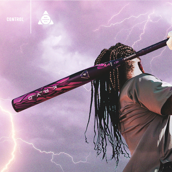A person with braided hair holds a purple and black baseball bat over their shoulder, facing a dramatic sky with lightning; the word CONTROL appears in the upper left corner.