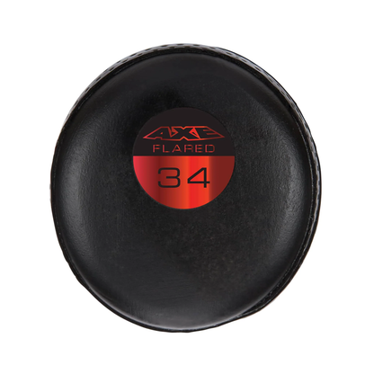 A black, round bat knob with a red AXE FLARED 34 label, viewed from above—designed for the AXE Flared Pro Series Maple Wood Baseball Bat: L124K-FLR and its signature pro flared handle.