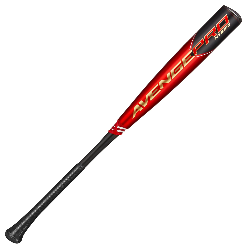 The 2023 AXE Avenge Pro Hybrid FLARED (-3) BBCOR Baseball Bat (L130K-FLR) features a flared handle, black grip, and a metallic red barrel with yellow and white text.