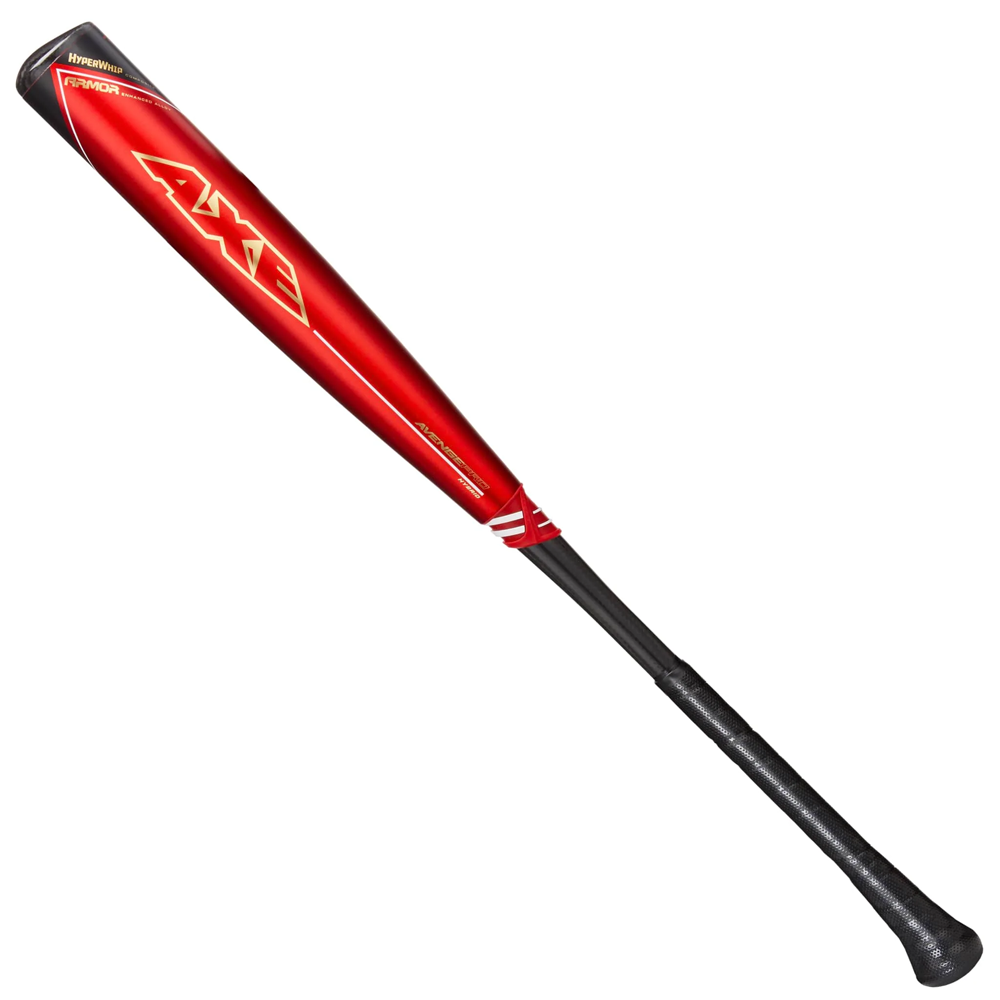 The 2023 AXE Avenge Pro Hybrid FLARED (-3) BBCOR Baseball Bat (L130K-FLR) features a red and black shiny finish, bold yellow AXE branding on the barrel, a black grip, and a flared handle for enhanced control.