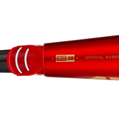 Close-up of the 2023 AXE Avenge Pro Hybrid FLARED (-3) BBCOR Baseball Bat (L130K-FLR) showing its red barrel, .50 BBCOR certification label, "Official Baseball" text, flared handle, and white-detailed end cap. Brand: AXE.