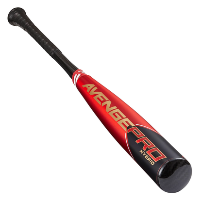 The 2023 AXE Avenge Pro Hybrid FLARED (-3) BBCOR Baseball Bat (L130K-FLR) features a gripped flared handle and a glossy black and red barrel.